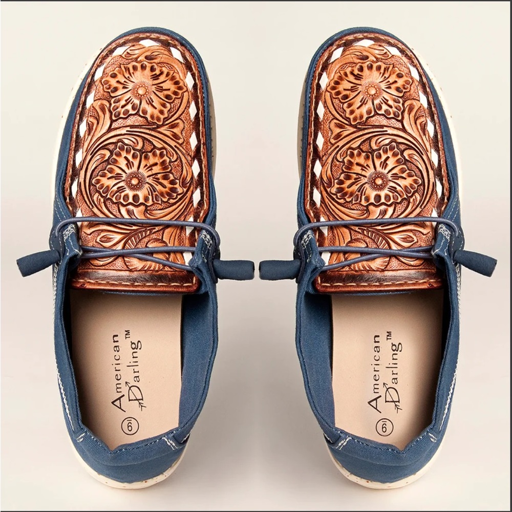 American Darling • Navy Loafer • Real Tooled Leather Inlay • Size 7